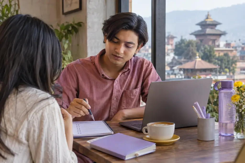 IELTS for UKVI Academic booking in Nepal — a learner checking a paper booking checklist and laptop