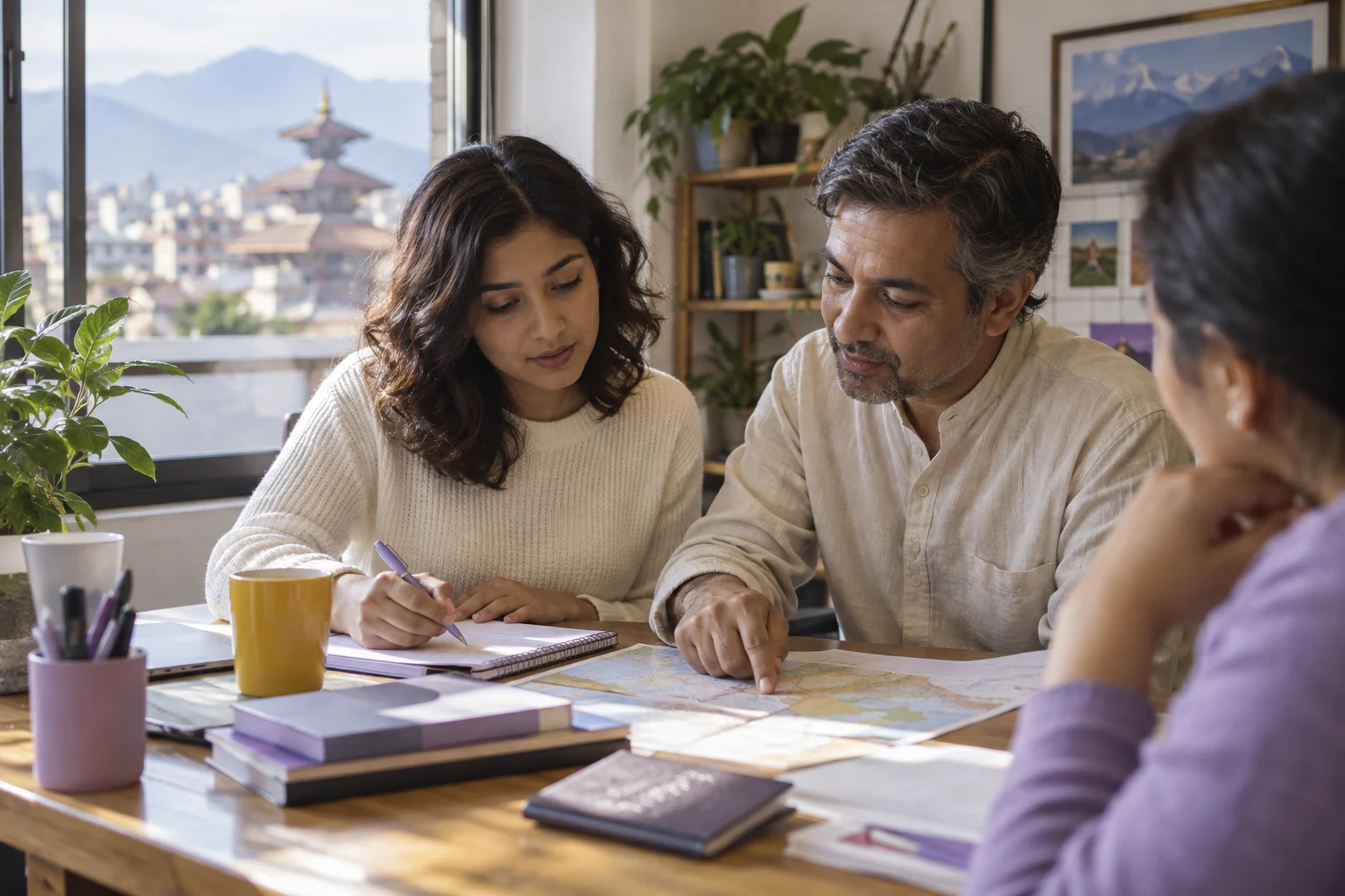 IELTS for UKVI Academic booking in Nepal — two adults reviewing travel and test-day notes