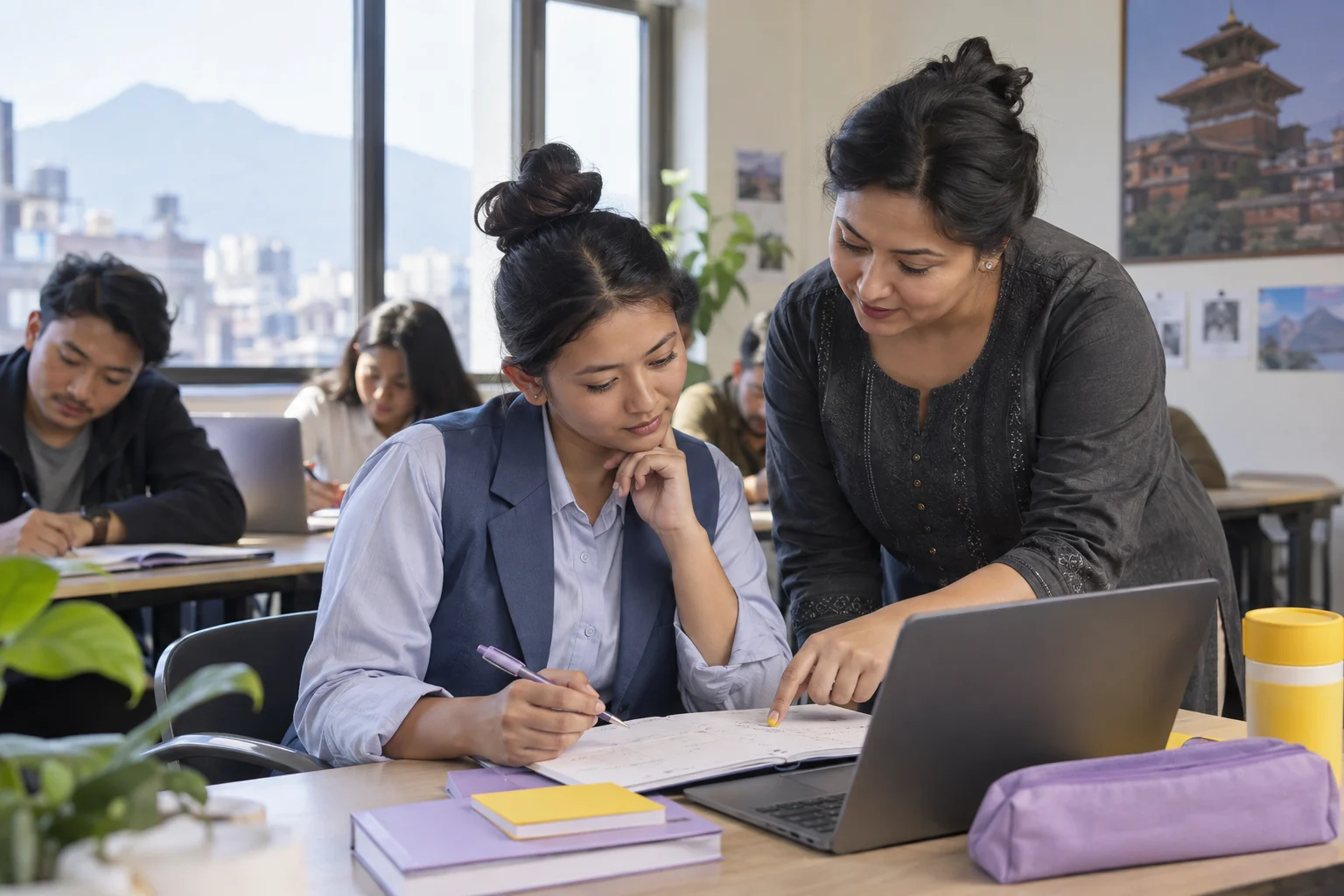 IELTS for UKVI Academic computer test — a tutor and learner reviewing a timed practice log