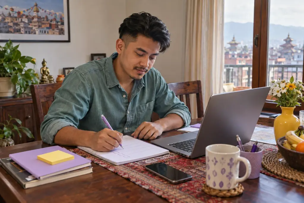 IELTS for UKVI Academic test-day checklist — a learner checking a paper booking checklist and laptop