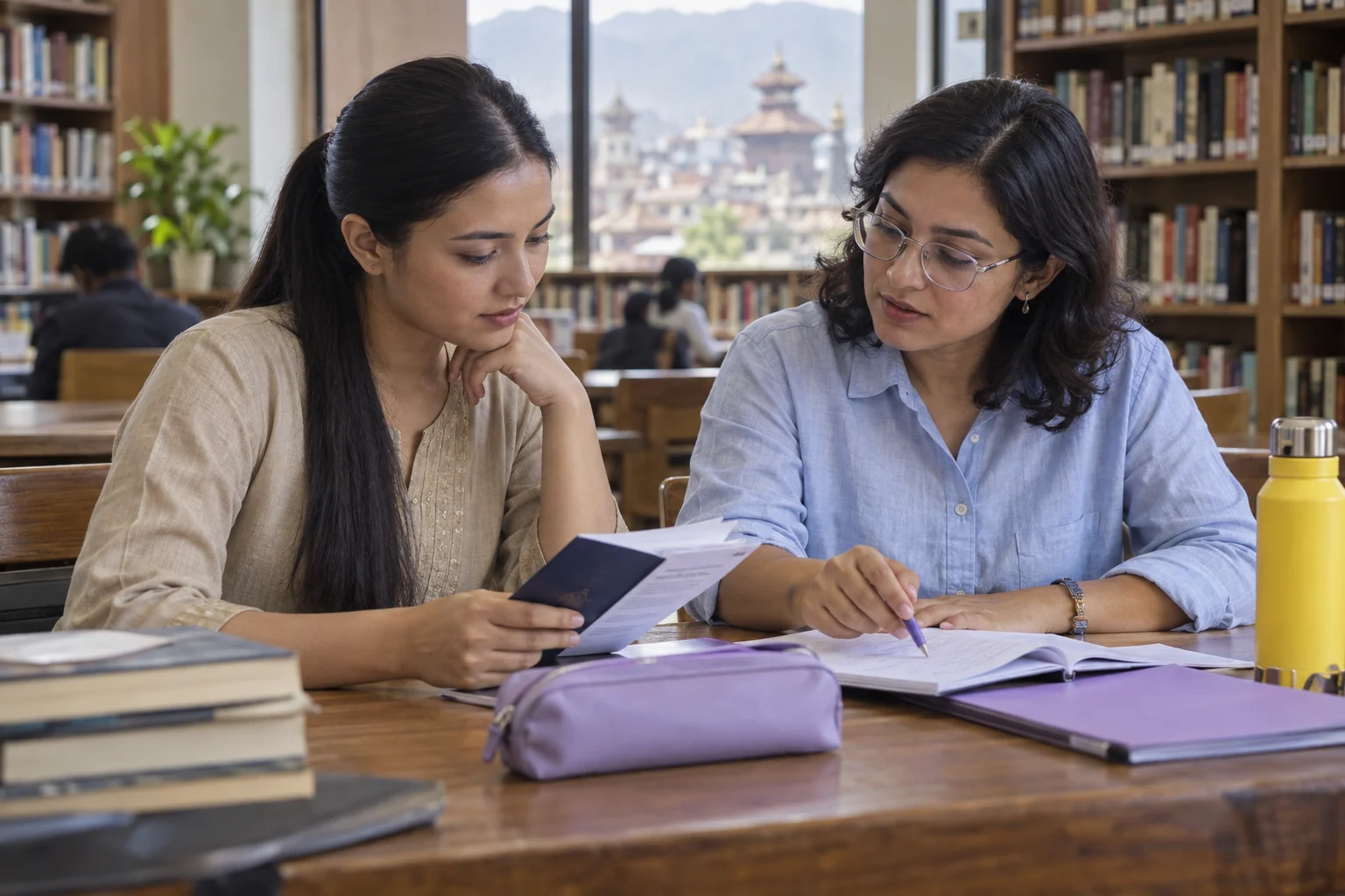 IELTS for UKVI Academic test-day checklist — two adults reviewing travel and test-day notes