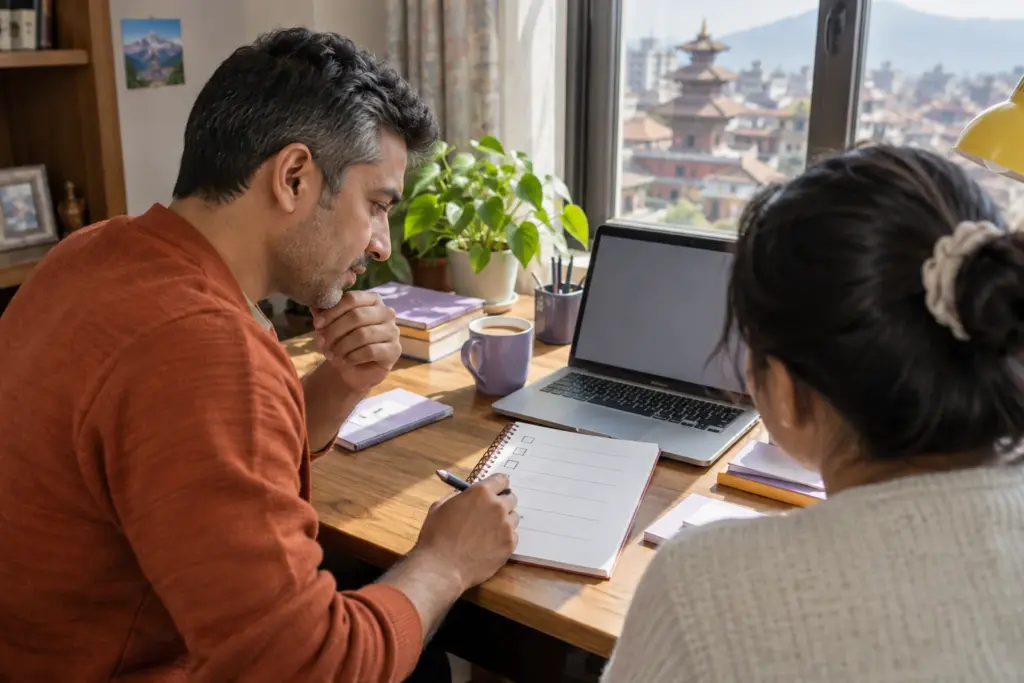 Choosing the correct IELTS test for a UK route — a learner checking a paper booking checklist and laptop