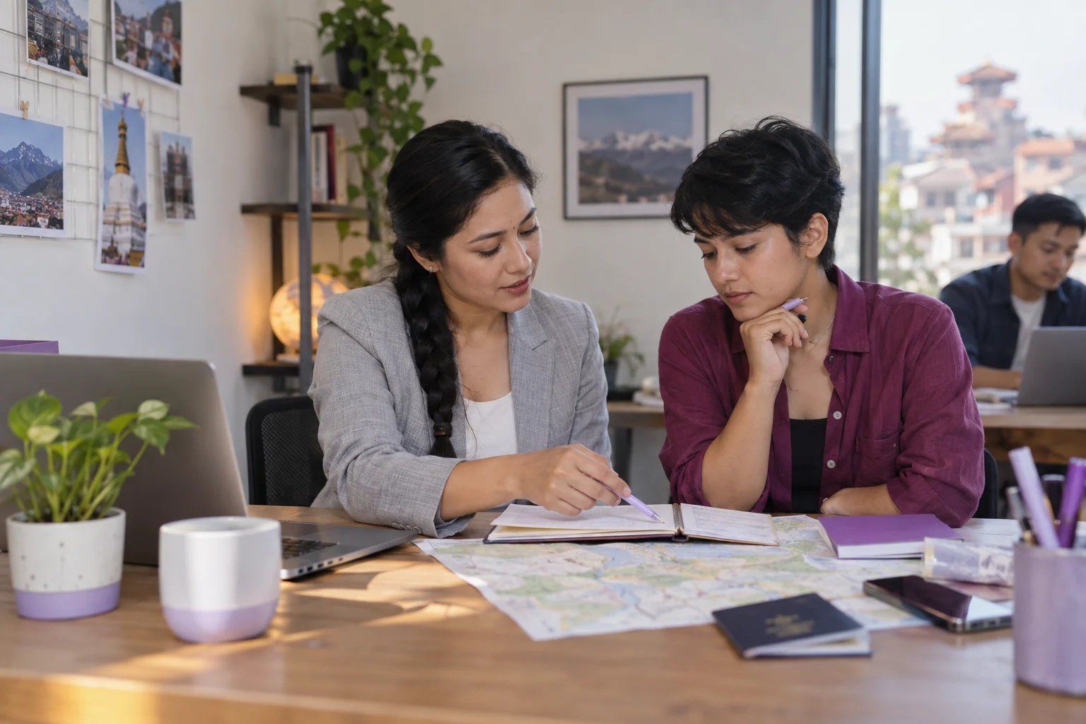 Choosing the correct IELTS test for a UK route — two adults reviewing travel and test-day notes