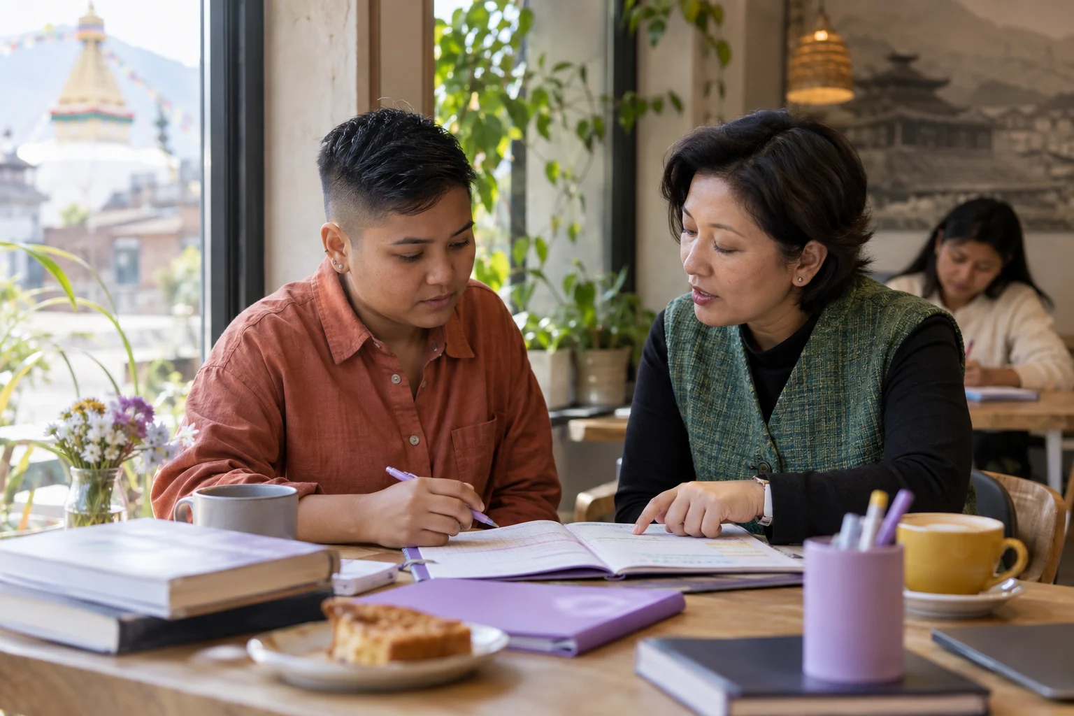 IELTS for UKVI Academic mock test review — a tutor and learner reviewing a timed practice log