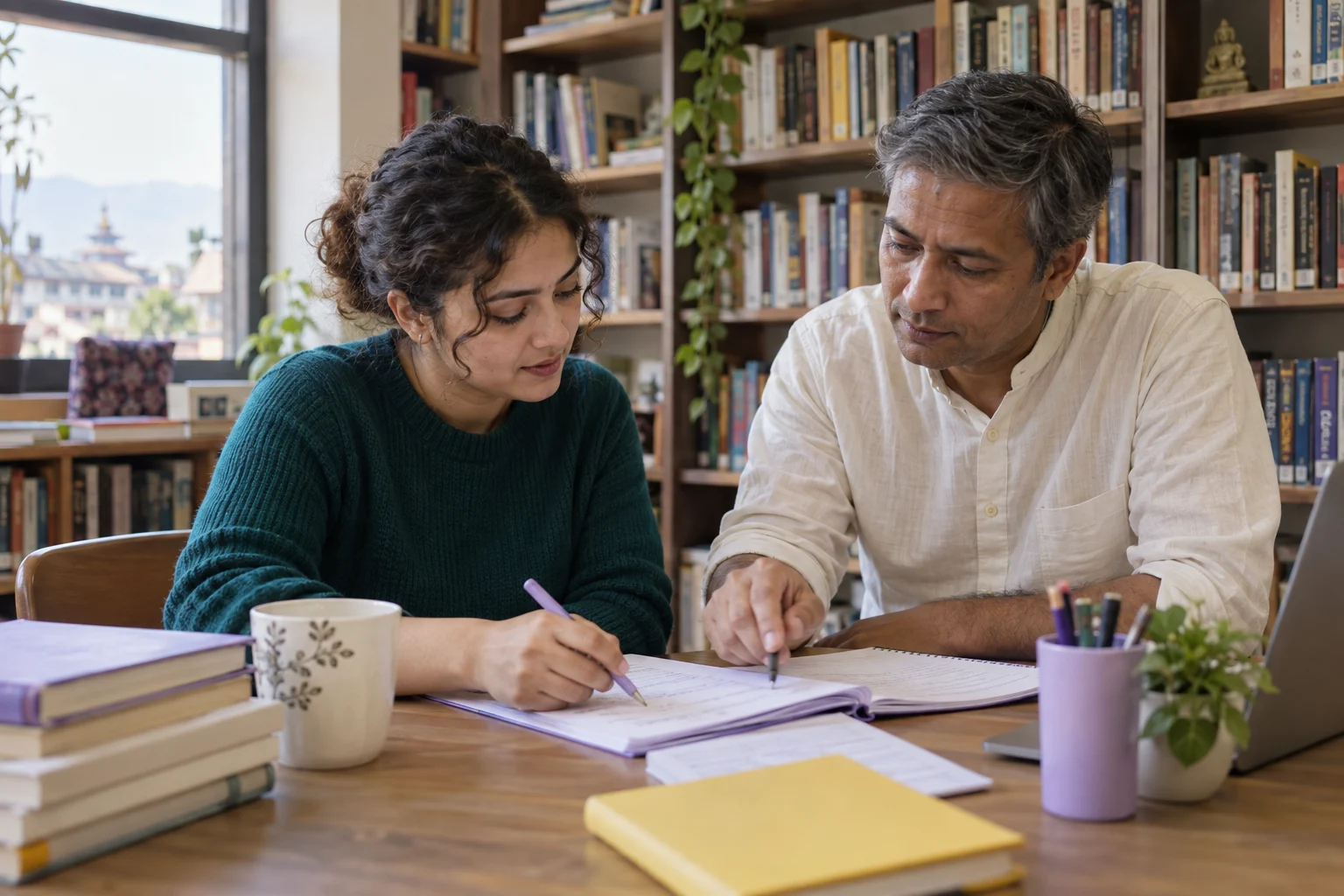 IELTS UKVI General Training guide — learner and mentor reviewing marked practice notes