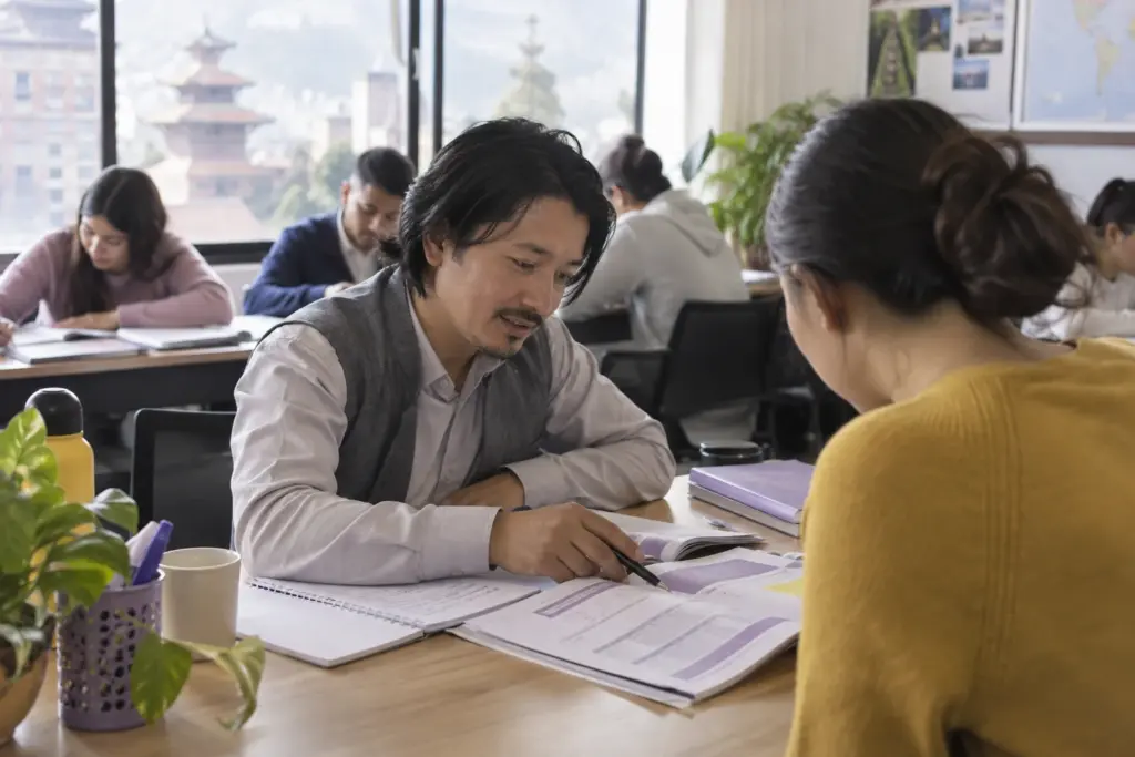 IELTS standard and UKVI General Training comparison — adult learner and tutor reviewing study notes
