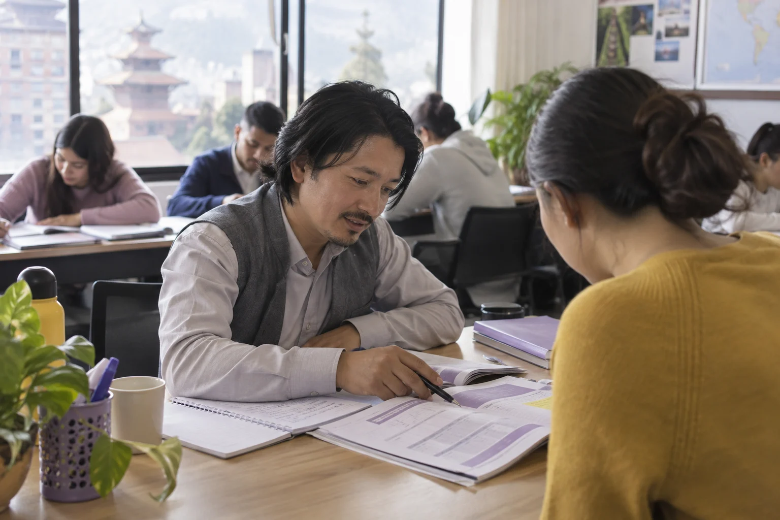 IELTS standard and UKVI General Training comparison — adult learner and tutor reviewing study notes