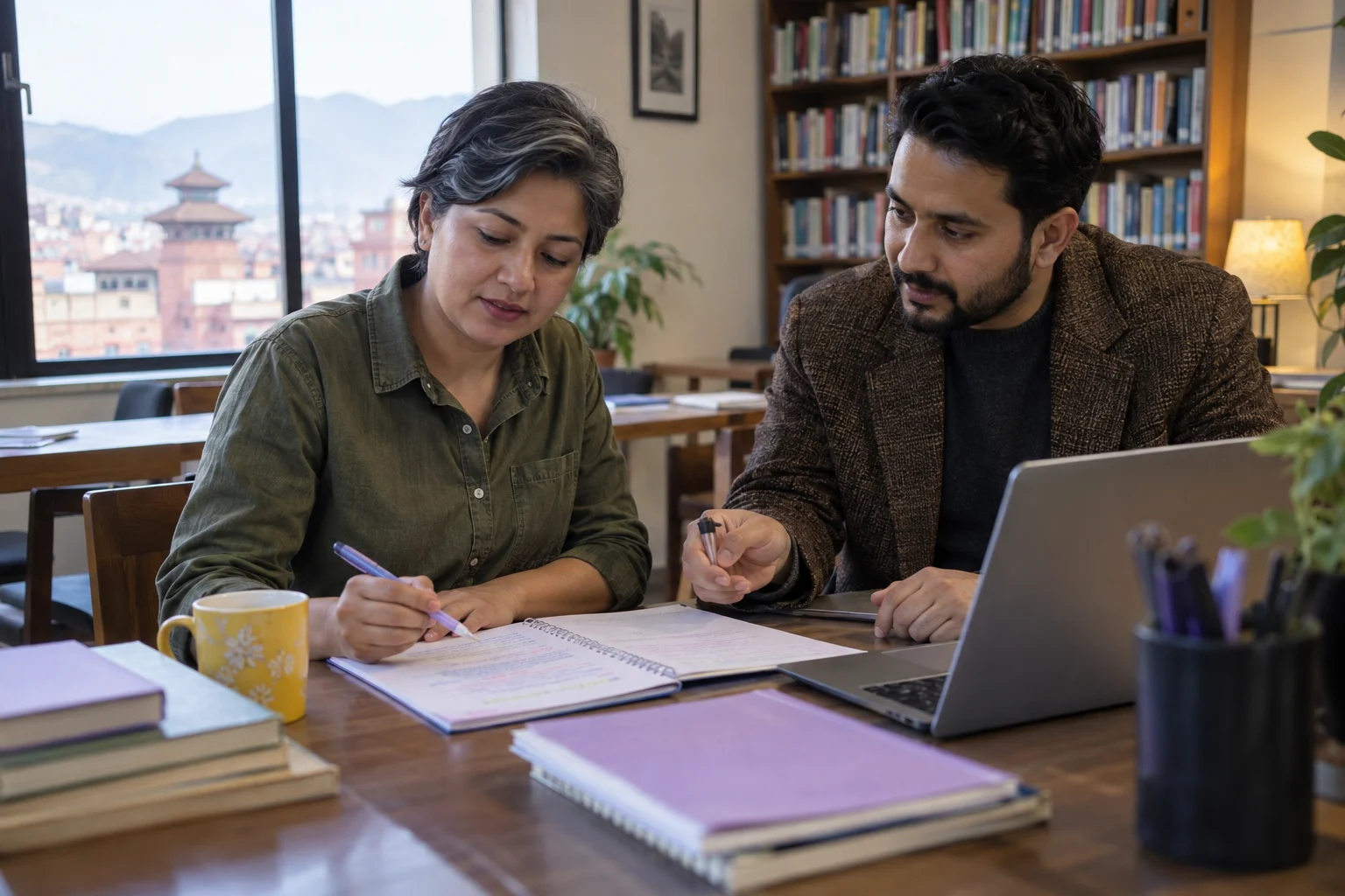 IELTS UKVI General Training sponsor checklist — learner and mentor reviewing marked practice notes