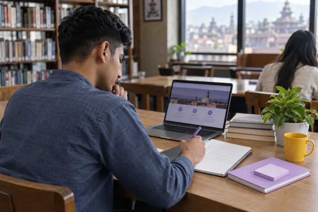 IELTS approved SELT test centre — learner with booking checklist and laptop