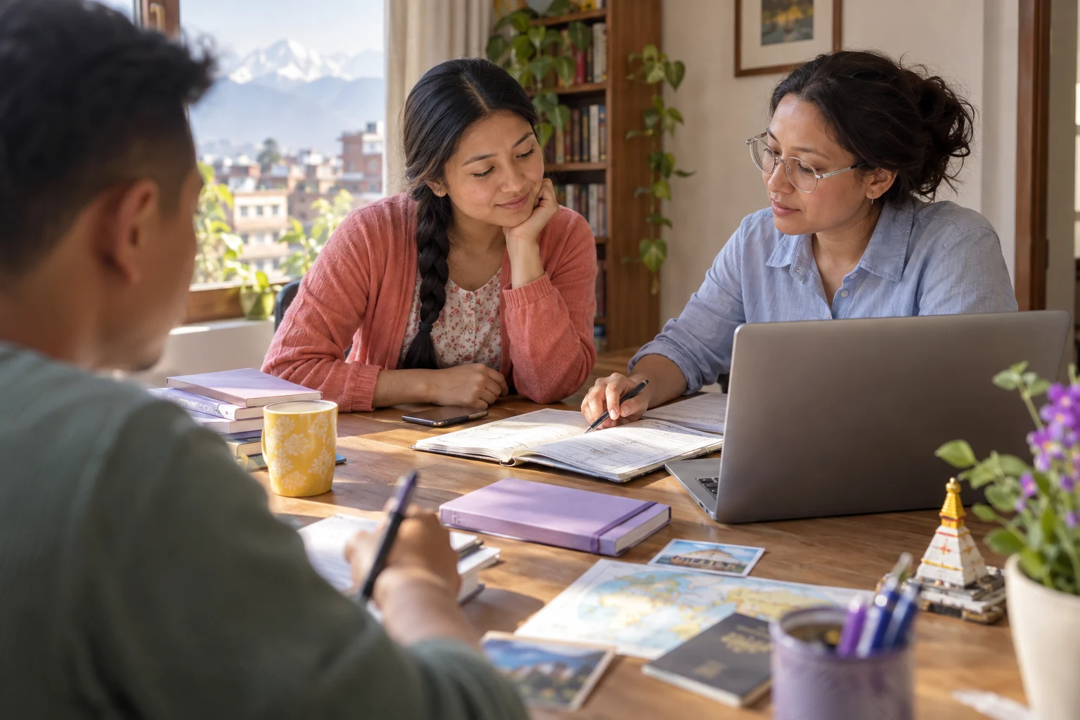 IELTS approved SELT test centre — two adults checking travel and test-day notes