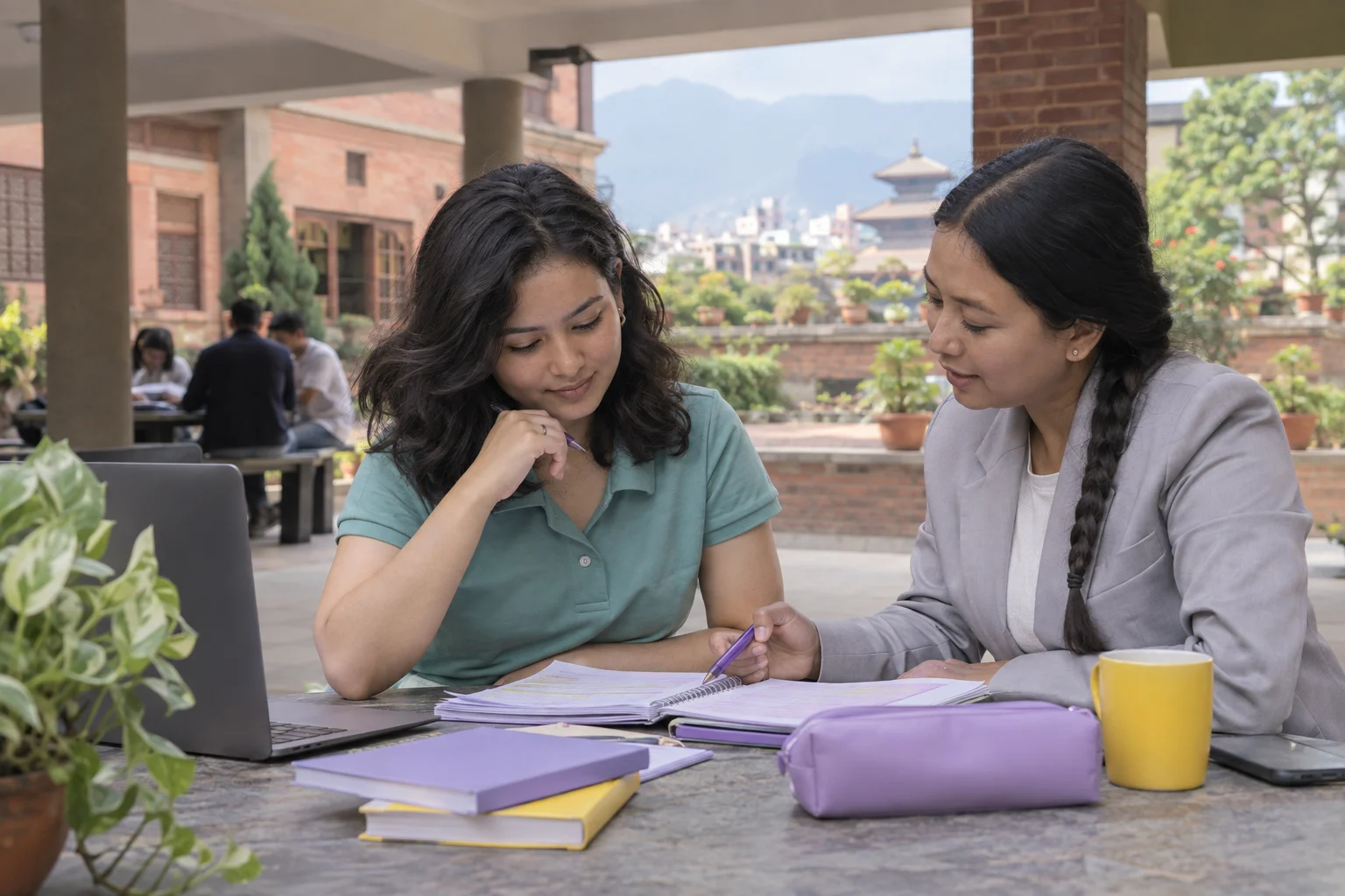 IELTS UKVI General Training test format — learner and mentor reviewing marked practice notes