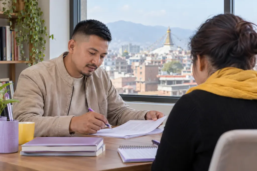 IELTS UKVI General Training Reading — learner annotating a printed reading passage