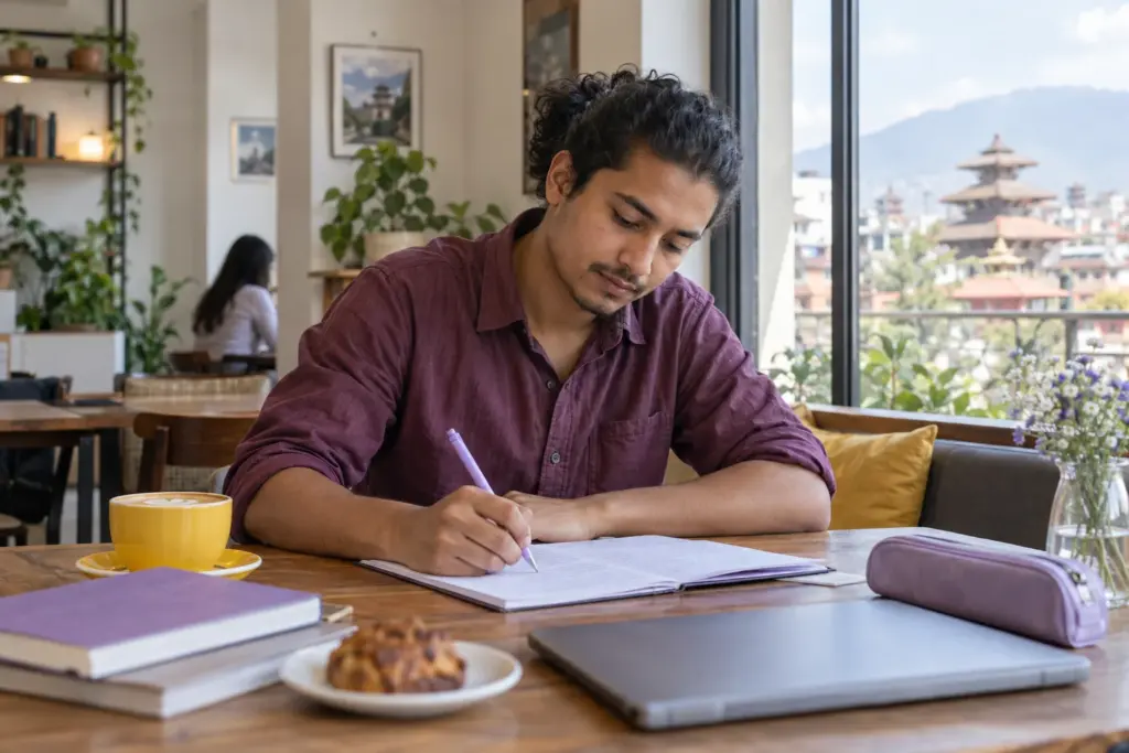 IELTS UKVI General Training Writing Task 1 — learner drafting a written response on paper