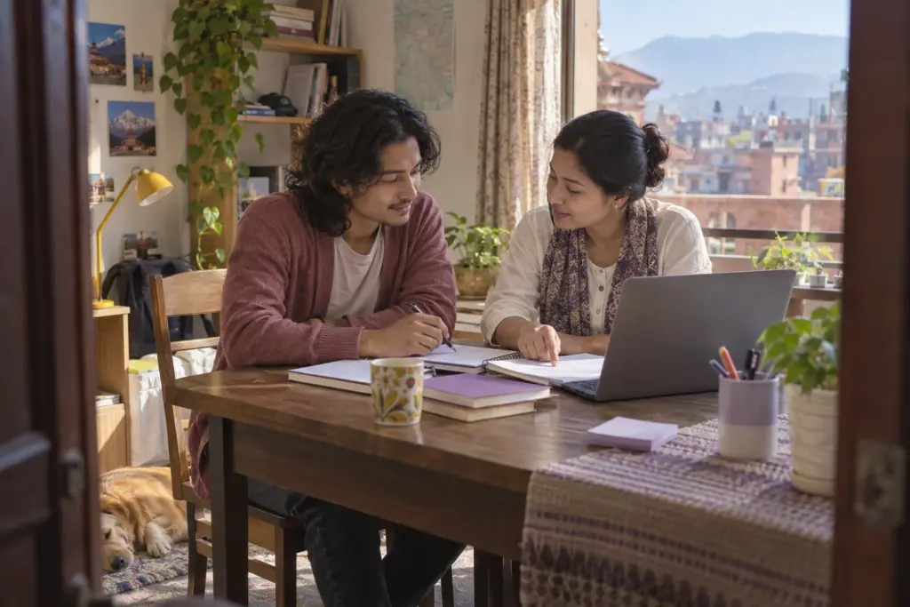 IELTS UK work visa English requirement — adult learner and tutor reviewing study notes