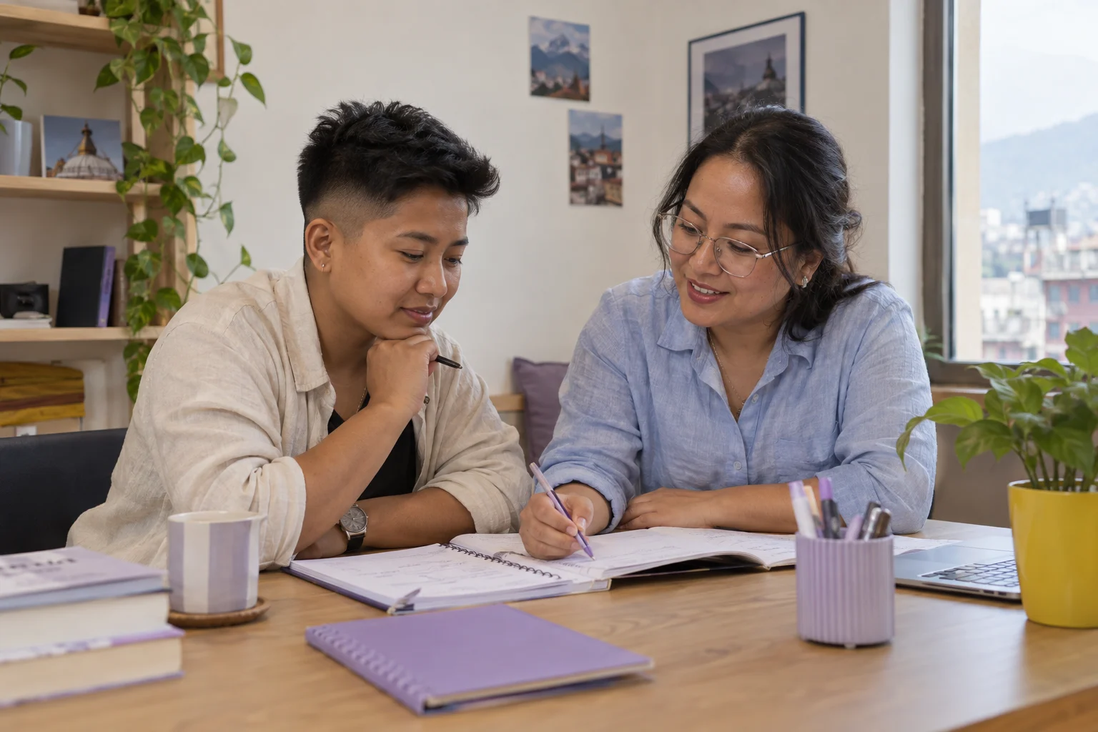 IELTS UK work visa English requirement — learner and mentor reviewing marked practice notes