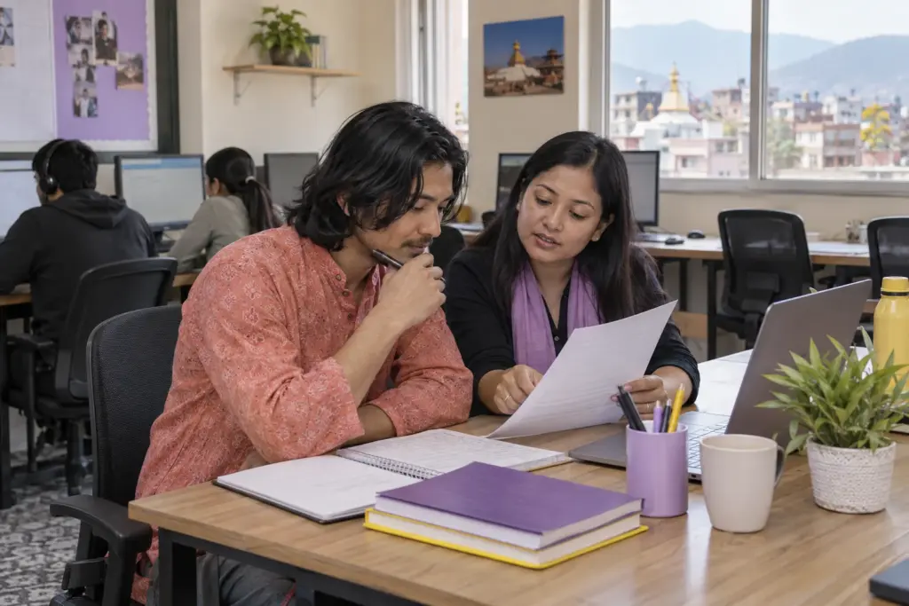 IELTS UKVI CEFR B1 English requirement — adult learner and tutor reviewing study notes