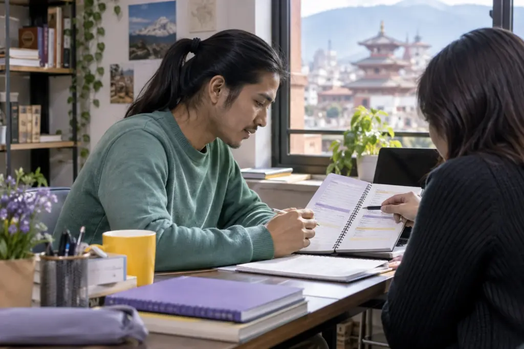 IELTS UKVI CEFR B2 English requirement — adult learner and tutor reviewing study notes