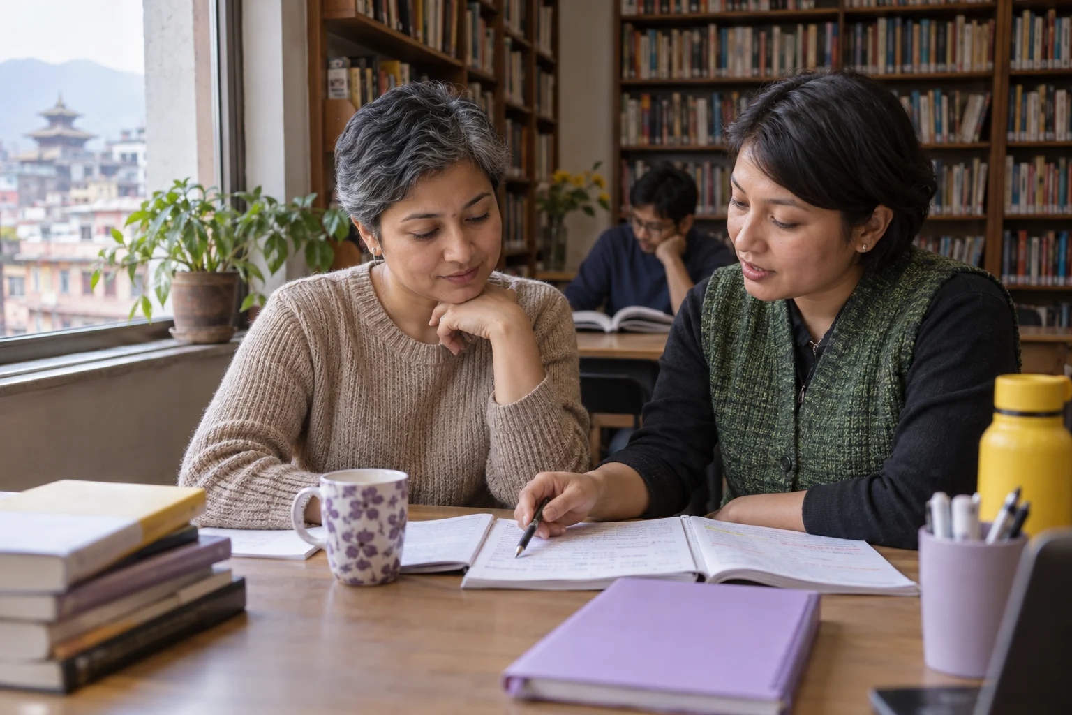 IELTS UKVI CEFR B2 English requirement — learner and mentor reviewing marked practice notes