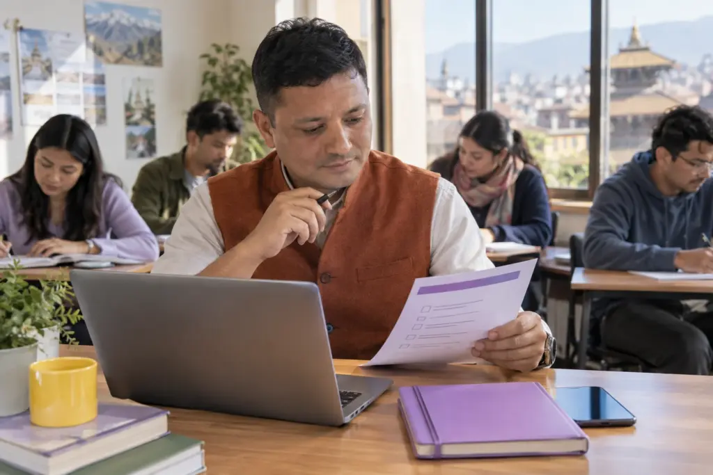 IELTS UKVI General Training booking in Nepal — learner with booking checklist and laptop