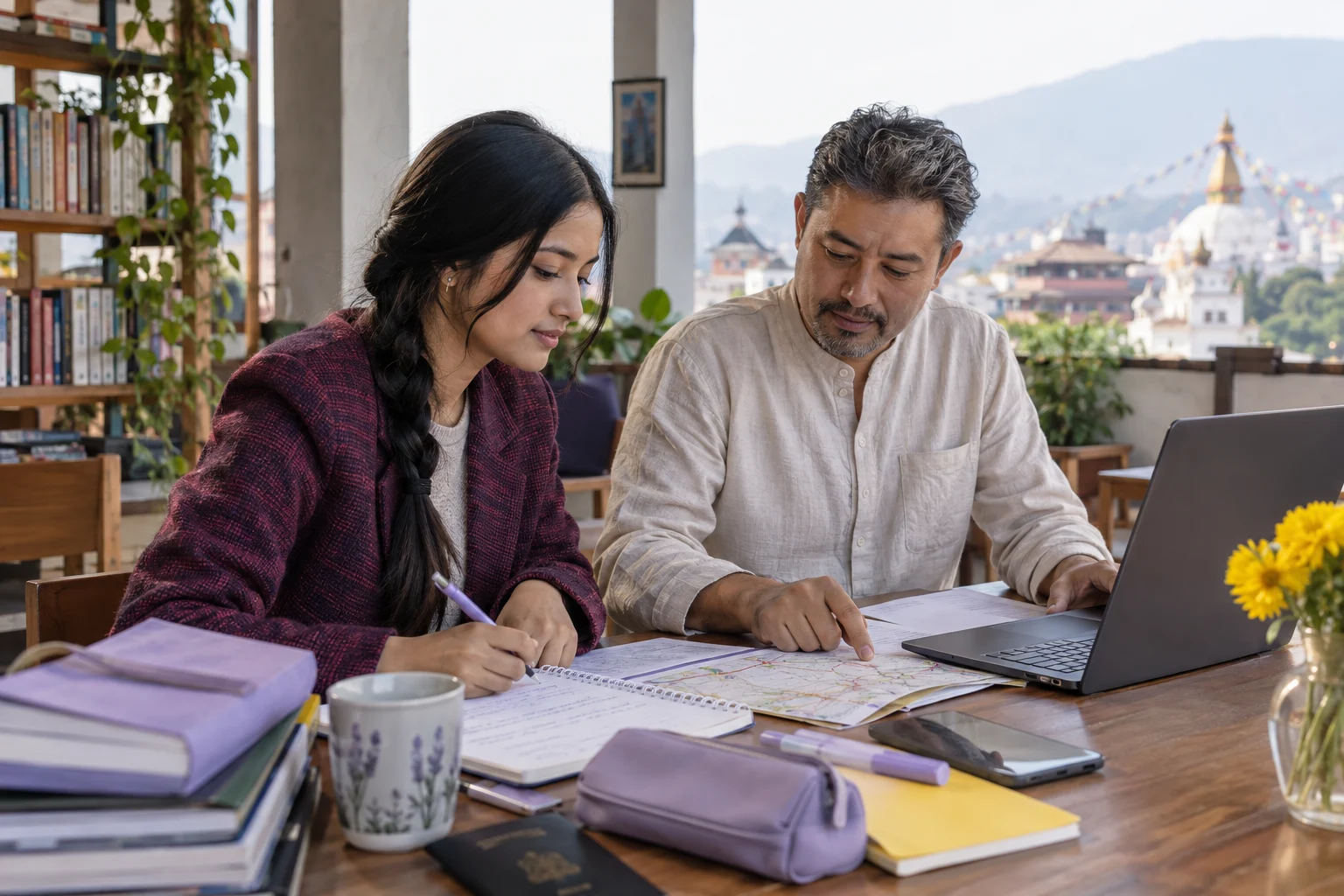 IELTS UKVI General Training booking in Nepal — two adults checking travel and test-day notes