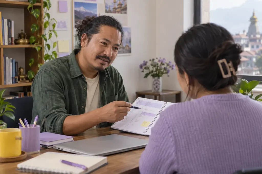 IELTS UKVI General Training test day — adult learner and tutor reviewing study notes