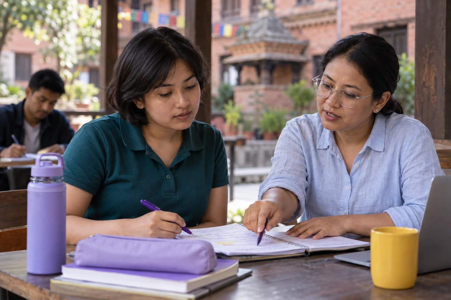 IELTS UKVI General Training test day — learner and mentor reviewing marked practice notes