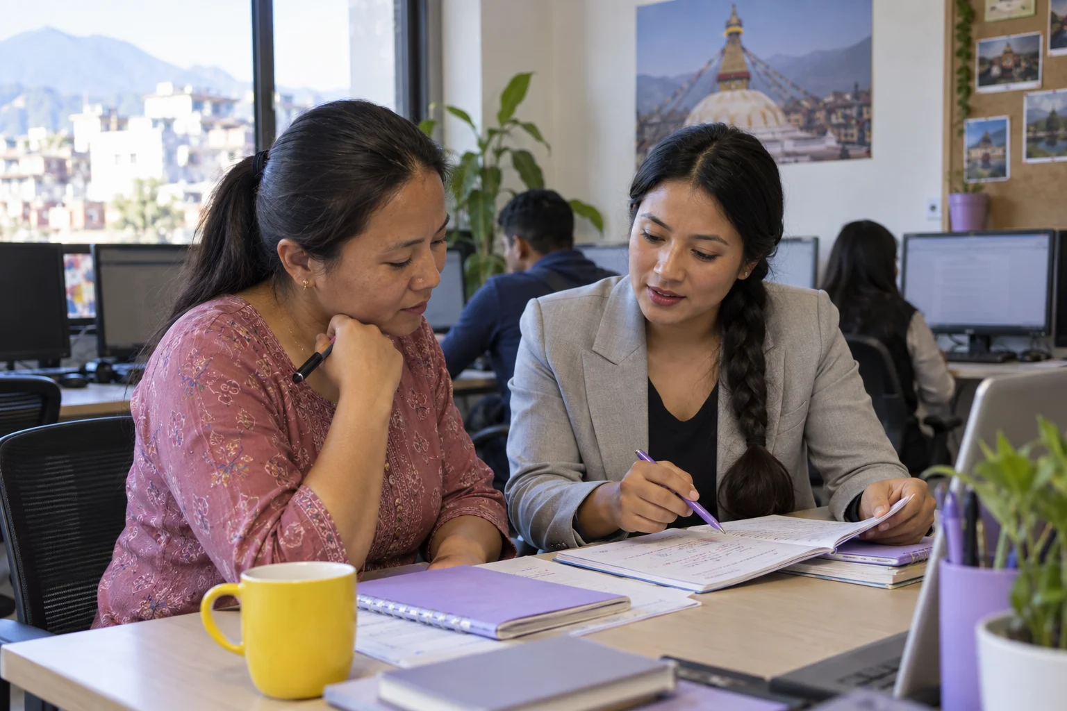 IELTS eight-week UKVI General Training study plan — learner and mentor reviewing marked practice notes