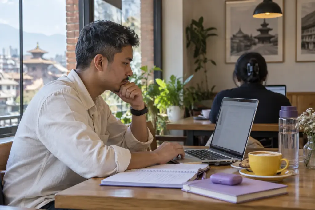IELTS UKVI General Training mock test review — learner at a computer practice desk