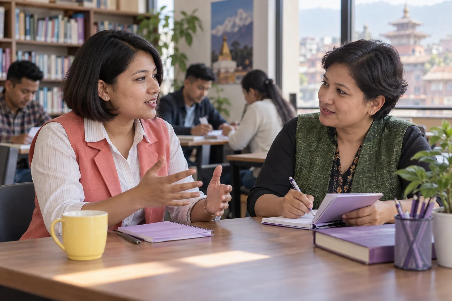 IELTS Life Skills A1 preparation guide — two learners practising dialogue with a feedback notebook