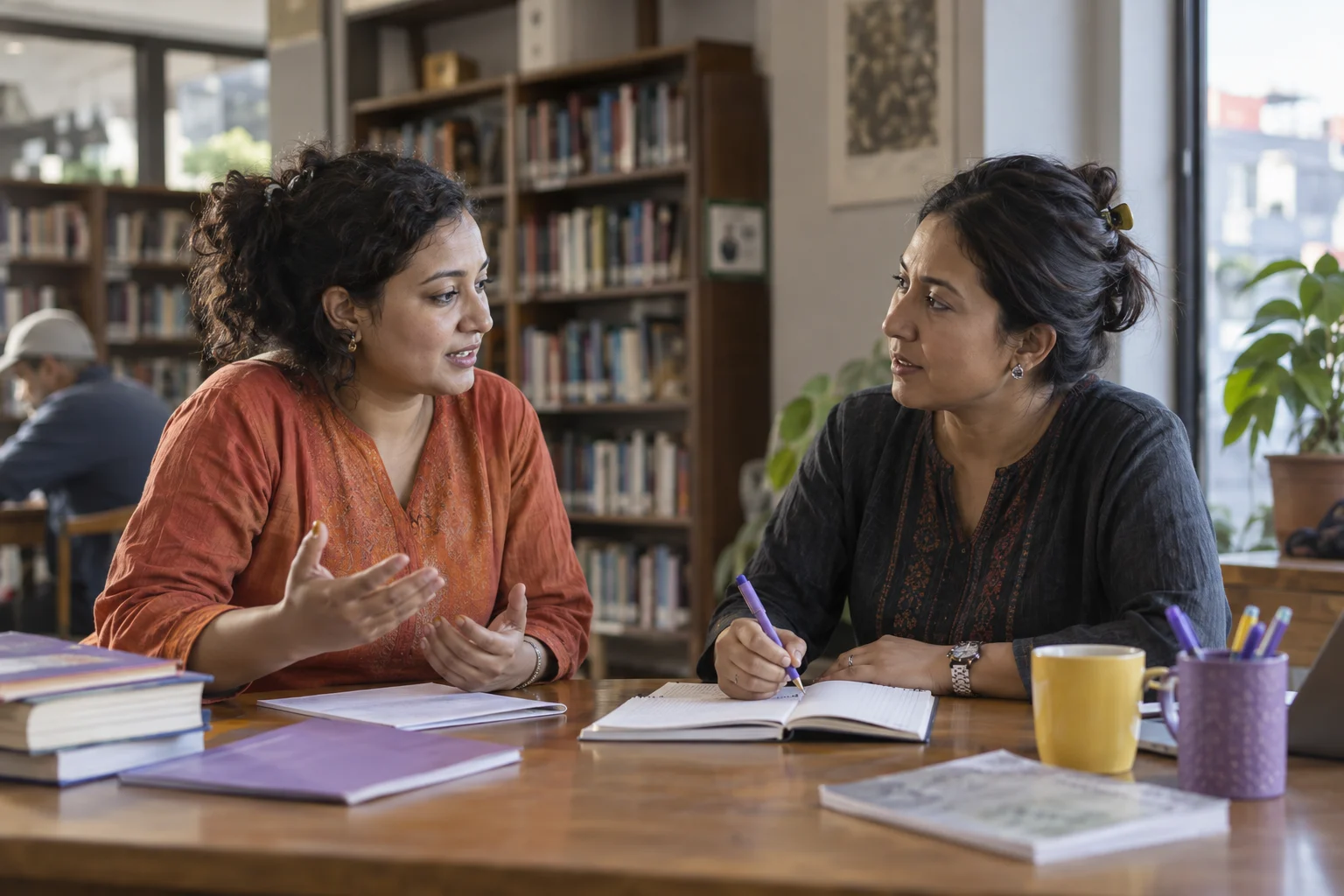 IELTS Life Skills A1 A1, A2 and B1 level choice — two learners practising dialogue with a feedback notebook