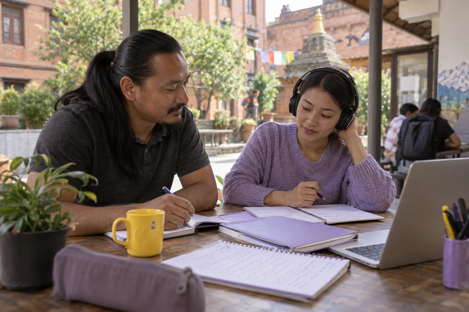 IELTS Life Skills A1 speaking and listening skills — learner practising listening with headphones and notes