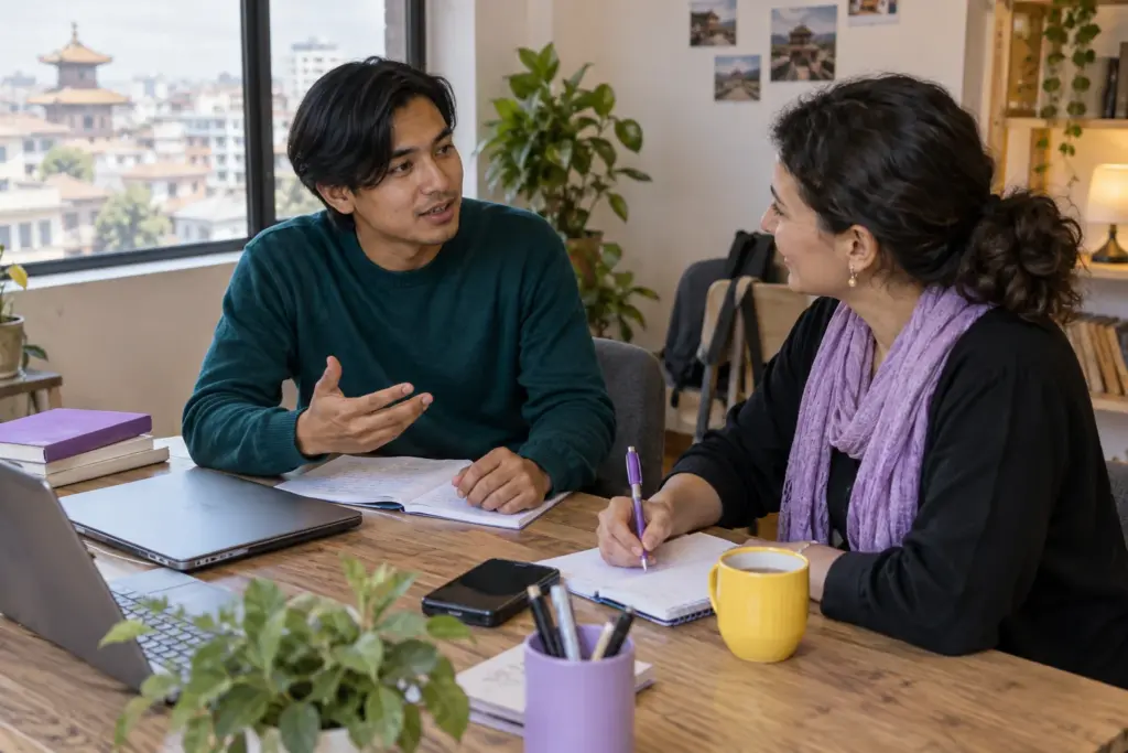 IELTS Life Skills A1 personal details questions — tutor and learner practising an everyday conversation