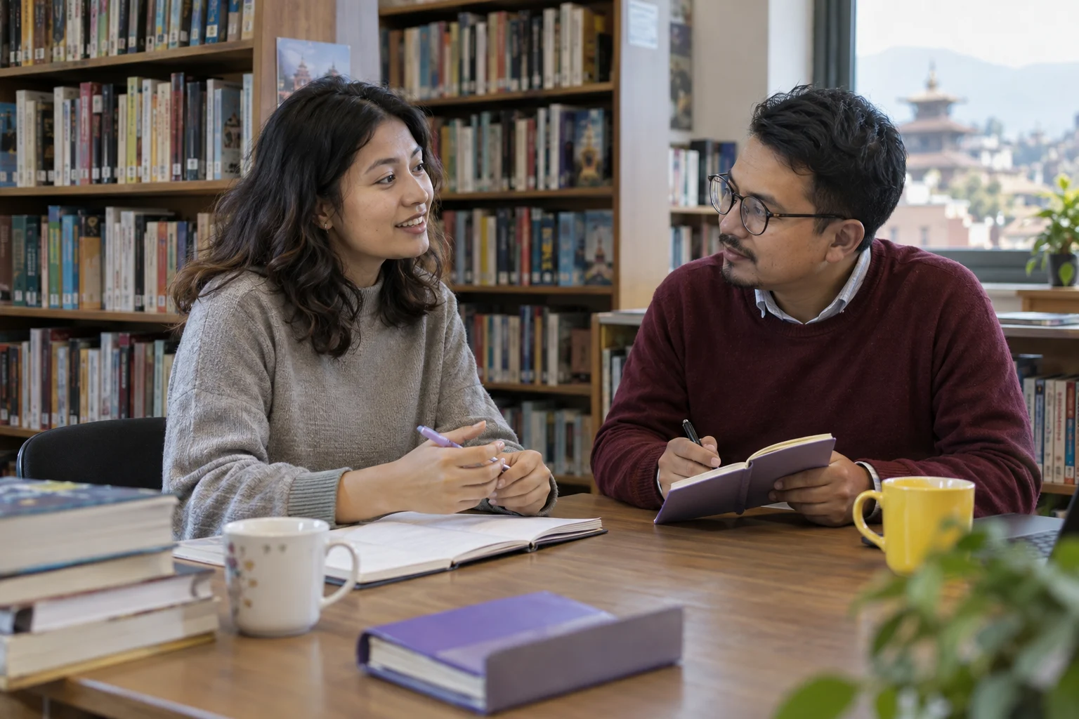 IELTS Life Skills A1 personal details questions — two learners practising dialogue with a feedback notebook