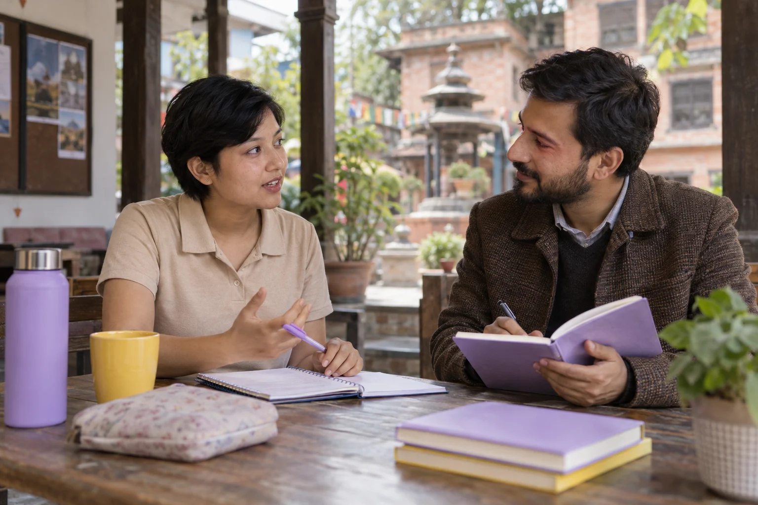 IELTS Life Skills A1 health and appointments practice — two learners practising dialogue with a feedback notebook