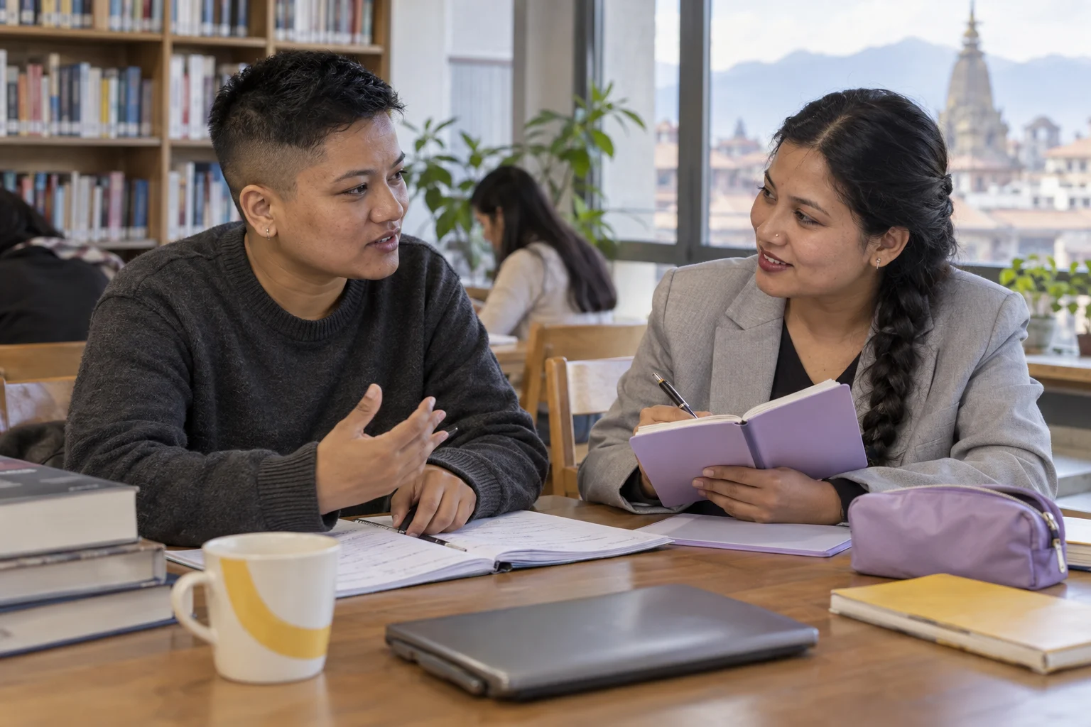 IELTS Life Skills A1 housing and weather topics — two learners practising dialogue with a feedback notebook