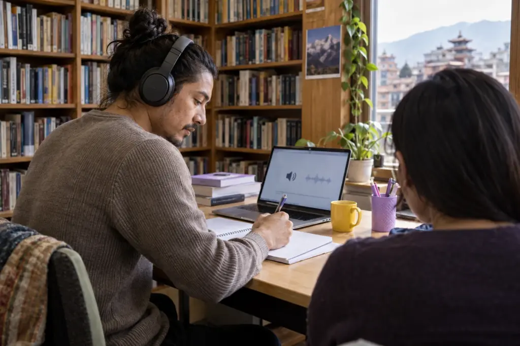 IELTS Life Skills A1 listening to simple instructions — learner practising listening with headphones and notes