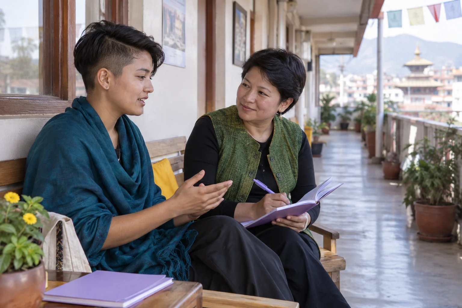 IELTS Life Skills A1 feelings and opinions practice — two learners practising dialogue with a feedback notebook