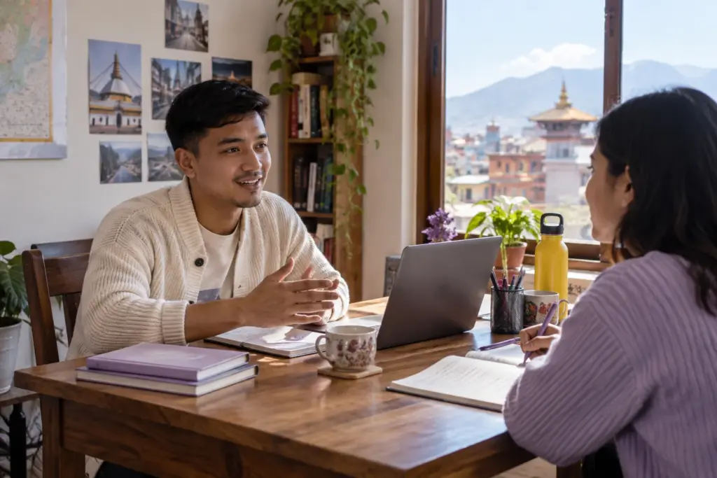 IELTS Life Skills A1 booking in Nepal — tutor and learner practising an everyday conversation