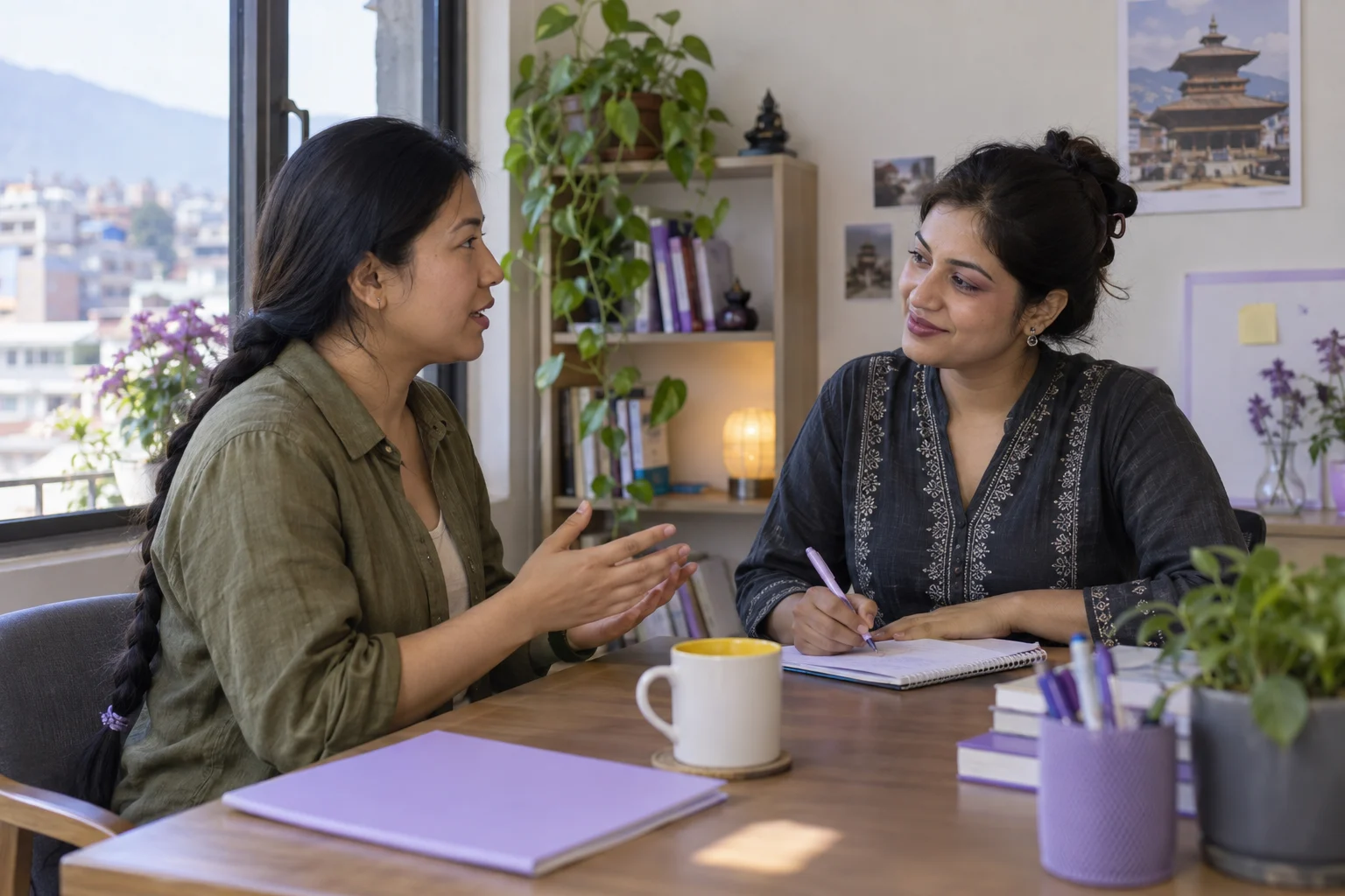 IELTS Life Skills A1 booking in Nepal — two learners practising dialogue with a feedback notebook
