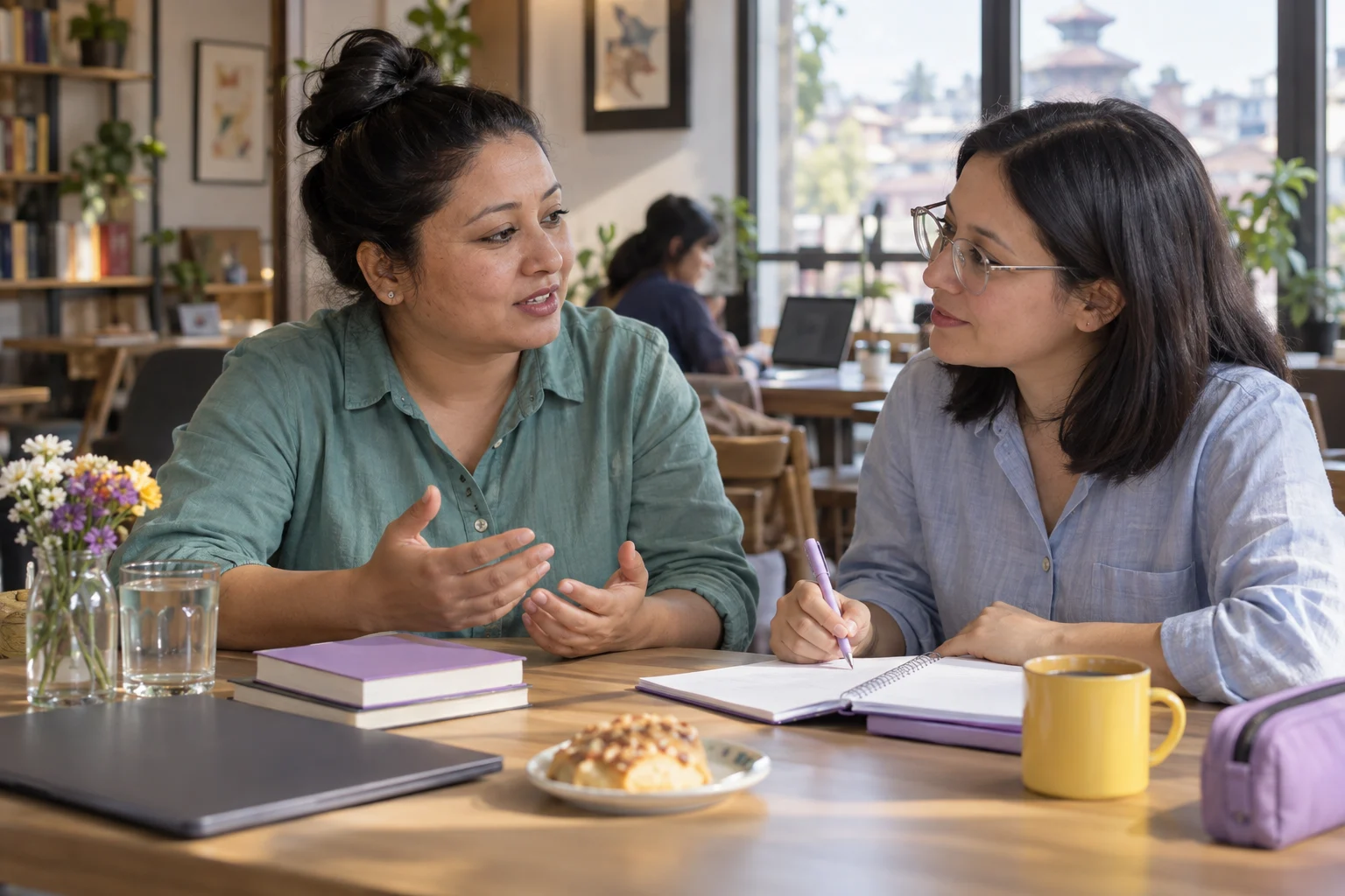 IELTS Life Skills A1 four-week practice plan — two learners practising dialogue with a feedback notebook