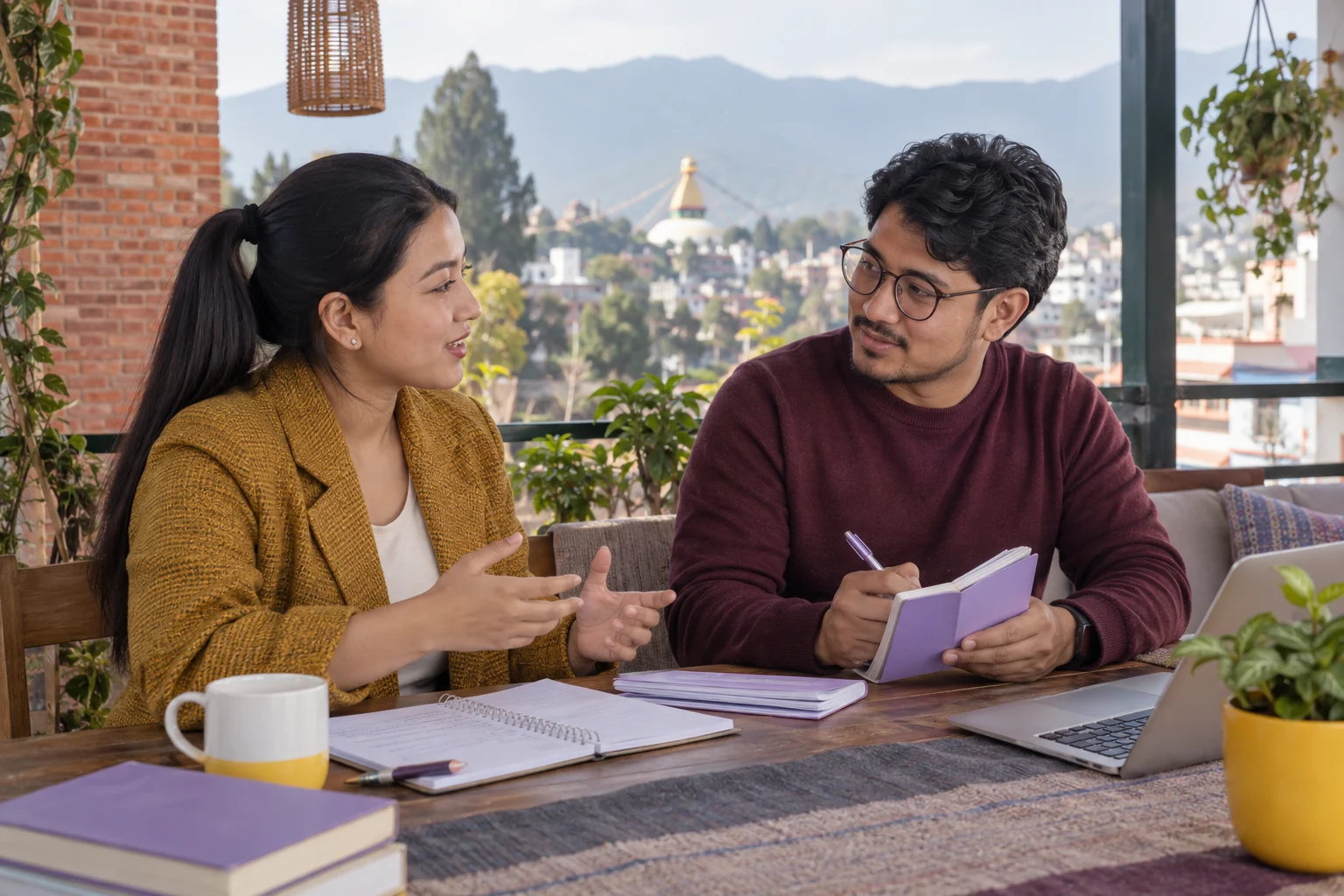 IELTS Life Skills B1 preparation guide — two learners practising dialogue with a feedback notebook