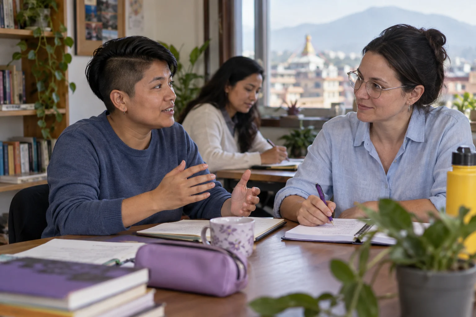 IELTS Life Skills B1 pass or fail scoring — two learners practising dialogue with a feedback notebook