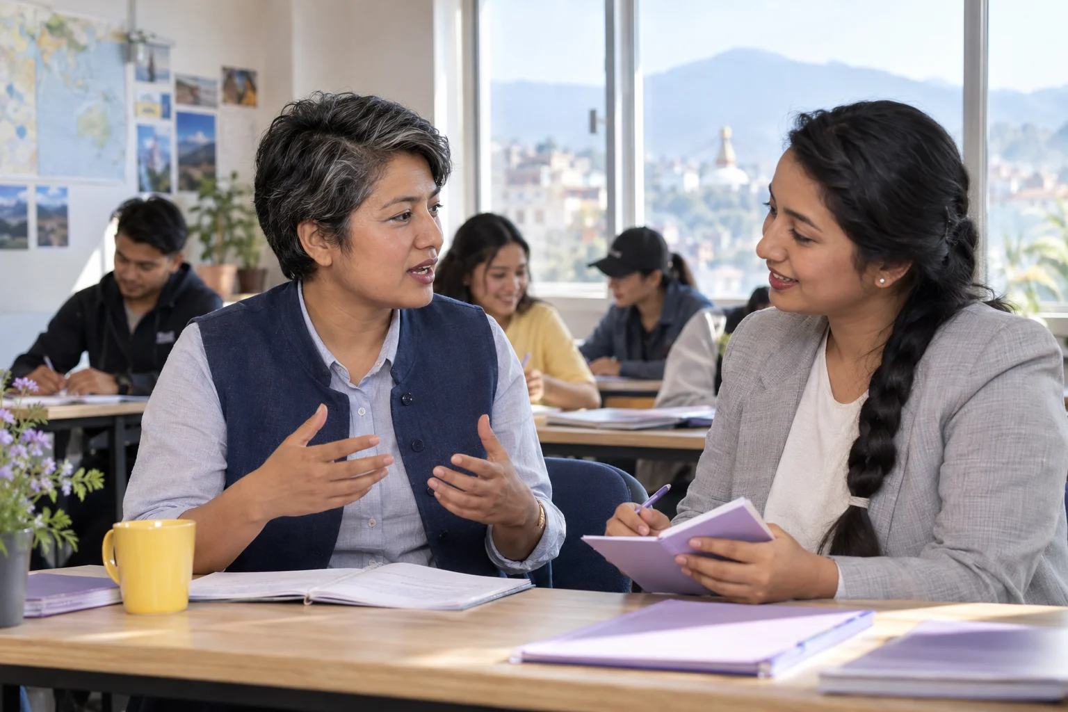 IELTS Life Skills B1 answer length practice — two learners practising dialogue with a feedback notebook