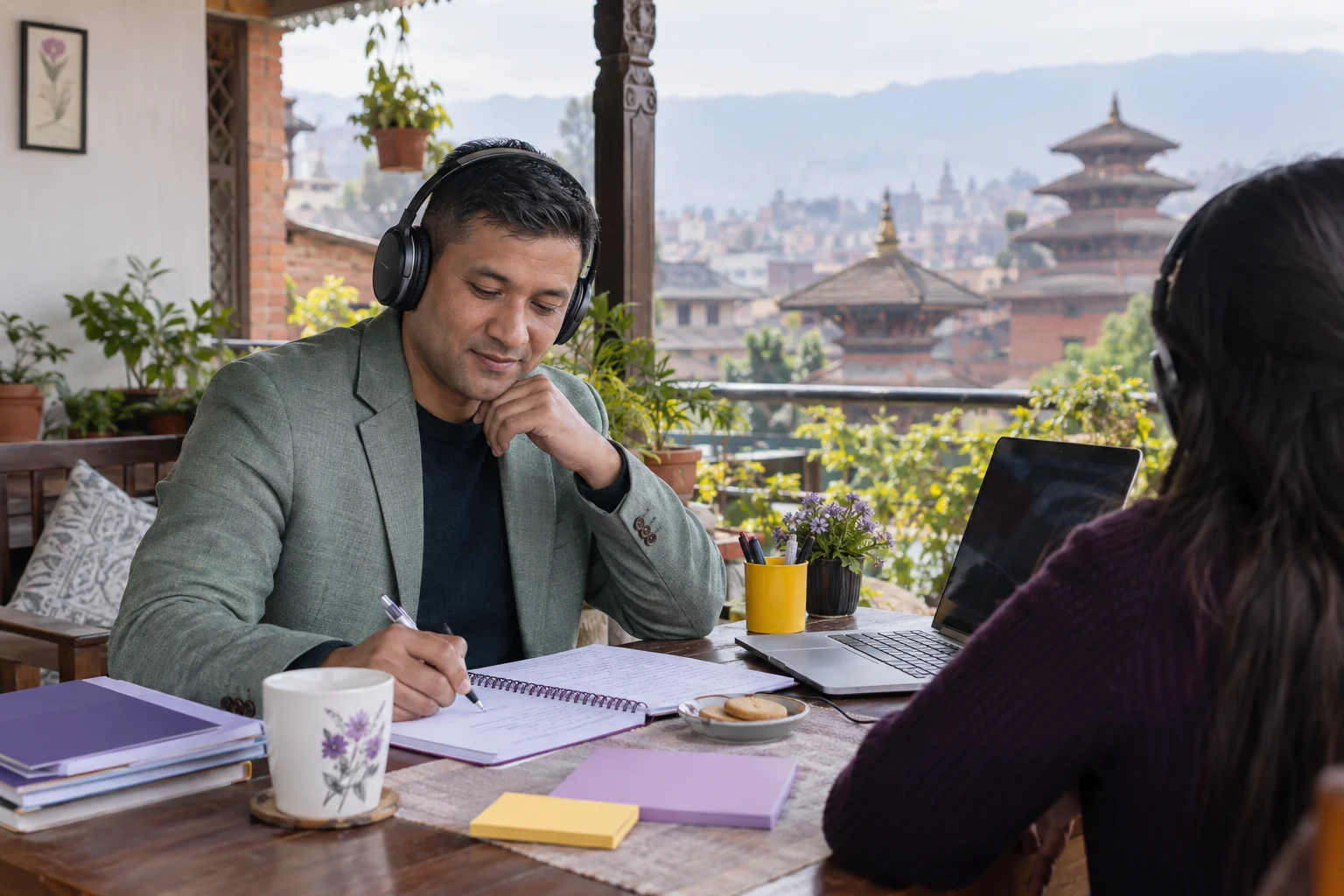 IELTS Life Skills B1 listening for main ideas — learner practising listening with headphones and notes