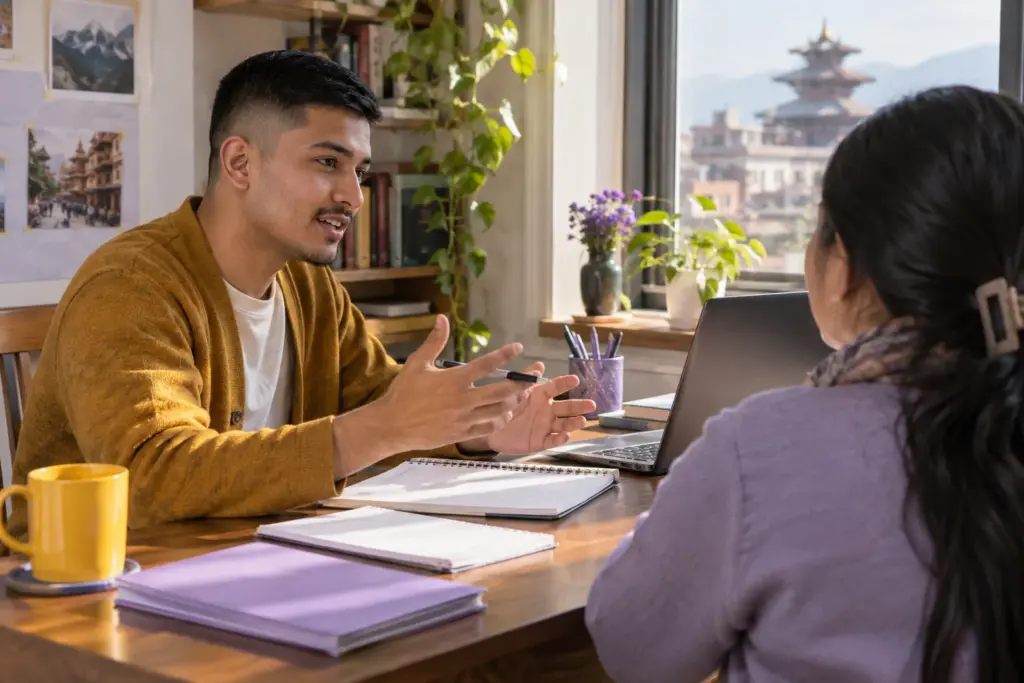 IELTS Life Skills B1 reasons and opinions practice — tutor and learner practising an everyday conversation