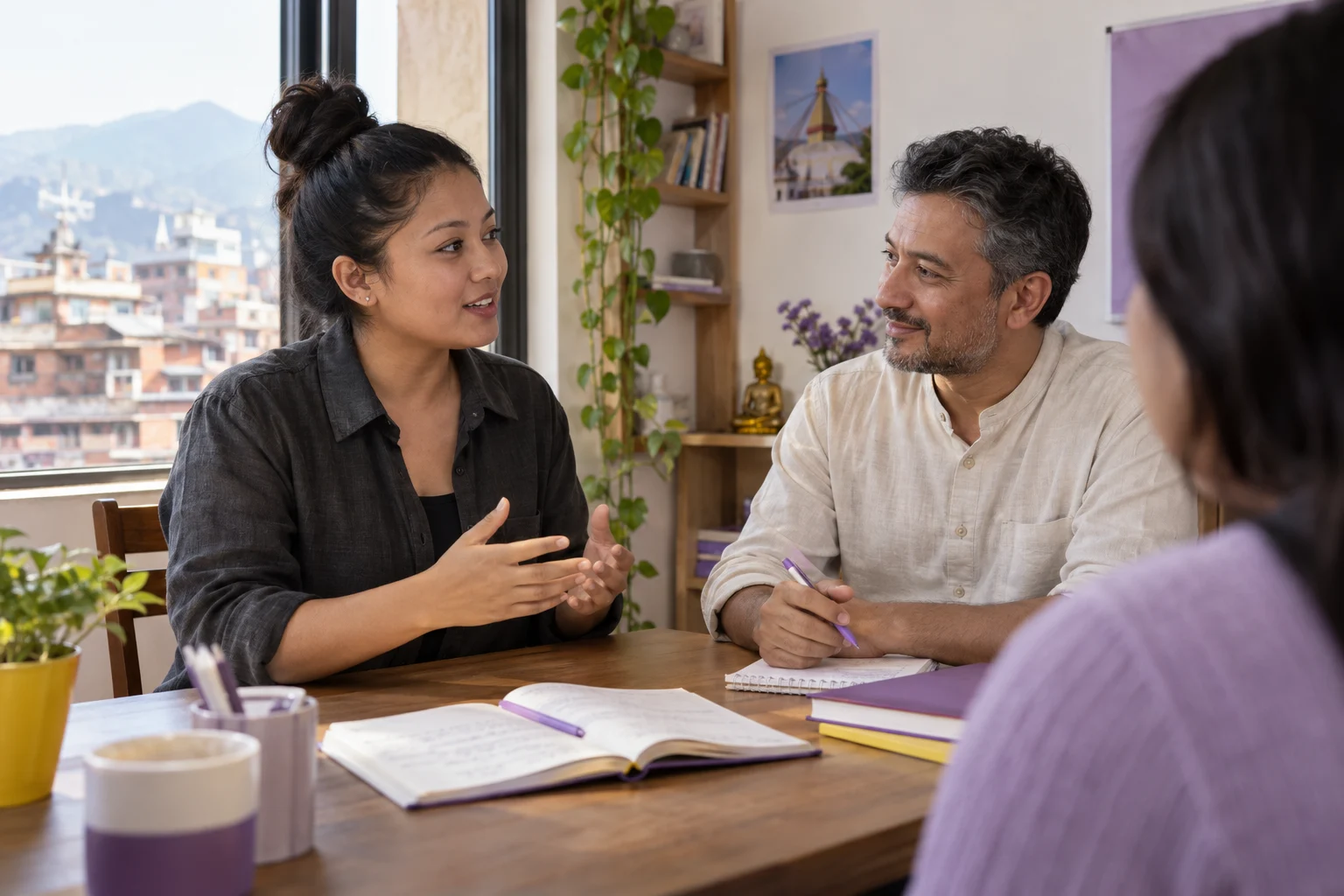 IELTS Life Skills B1 reasons and opinions practice — two learners practising dialogue with a feedback notebook