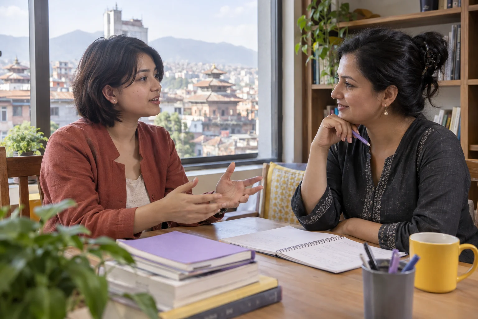 IELTS Life Skills B1 partner discussion — two learners practising dialogue with a feedback notebook