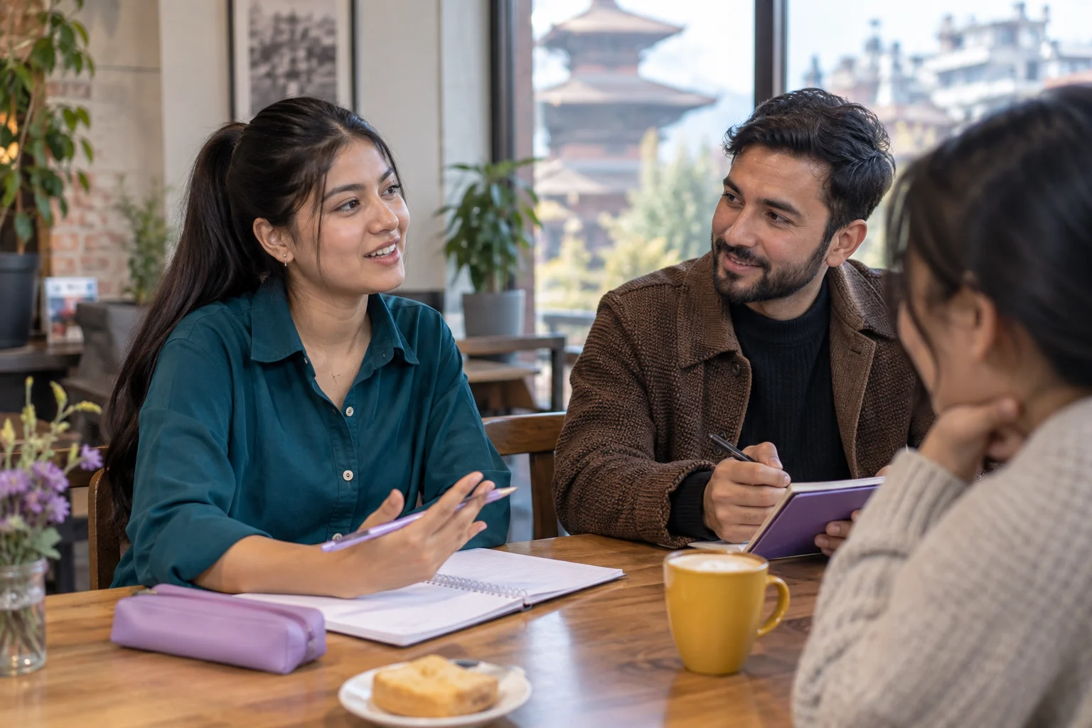 IELTS Life Skills B1 work and education topics — two learners practising dialogue with a feedback notebook