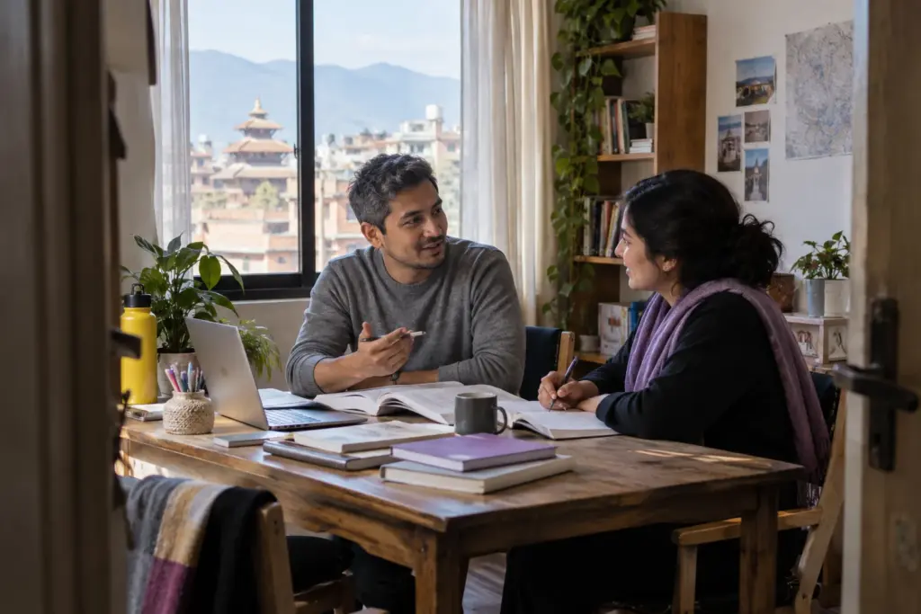 IELTS Life Skills B1 health and community topics — tutor and learner practising an everyday conversation
