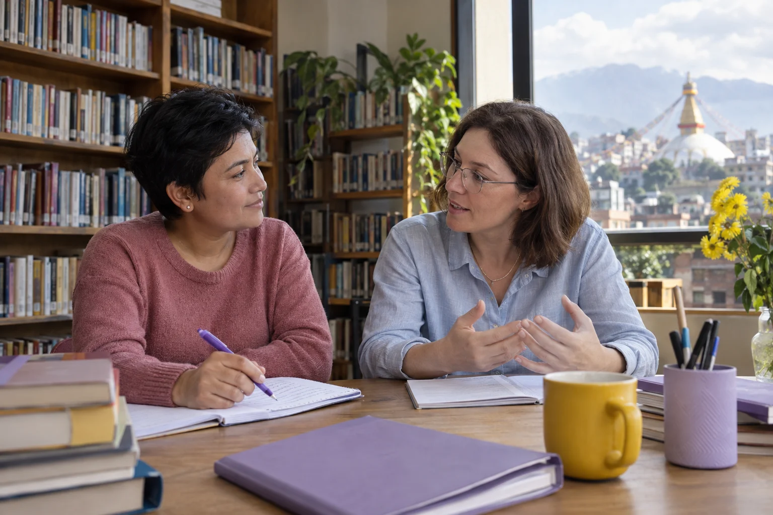 IELTS Life Skills B1 health and community topics — two learners practising dialogue with a feedback notebook